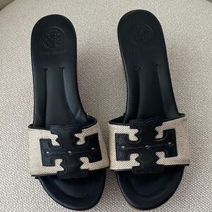 Tory Burch Black Leather-Trim Canvas Logo Slide Mules